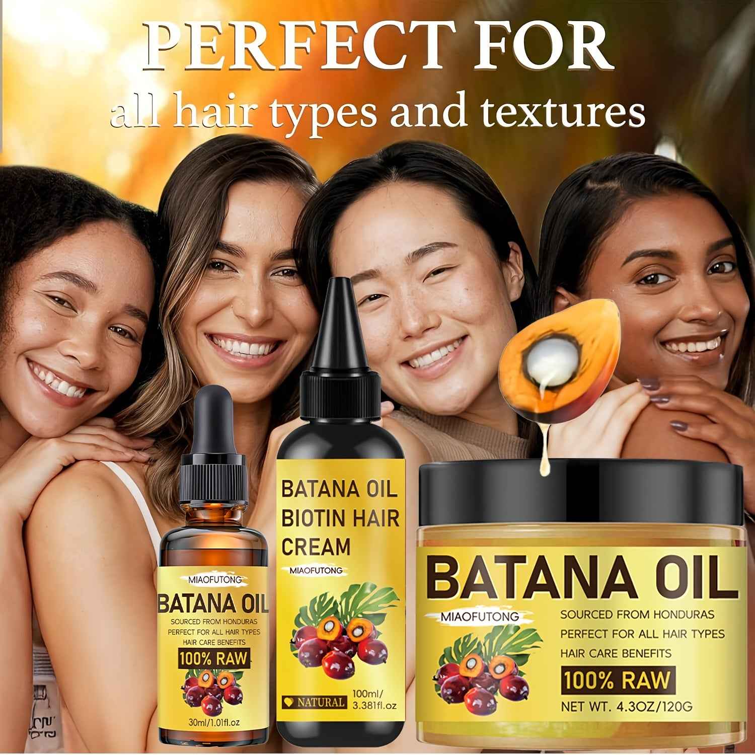 3pcs of Honduran Batana Hair Oil + Batana Essential Oil + Batana Conditioner. Pure cold-pressed extracts with biotin nourish the scalp and hair, strengthen hair, prevent breakage and split ends, and enhance shine. Suitable fo