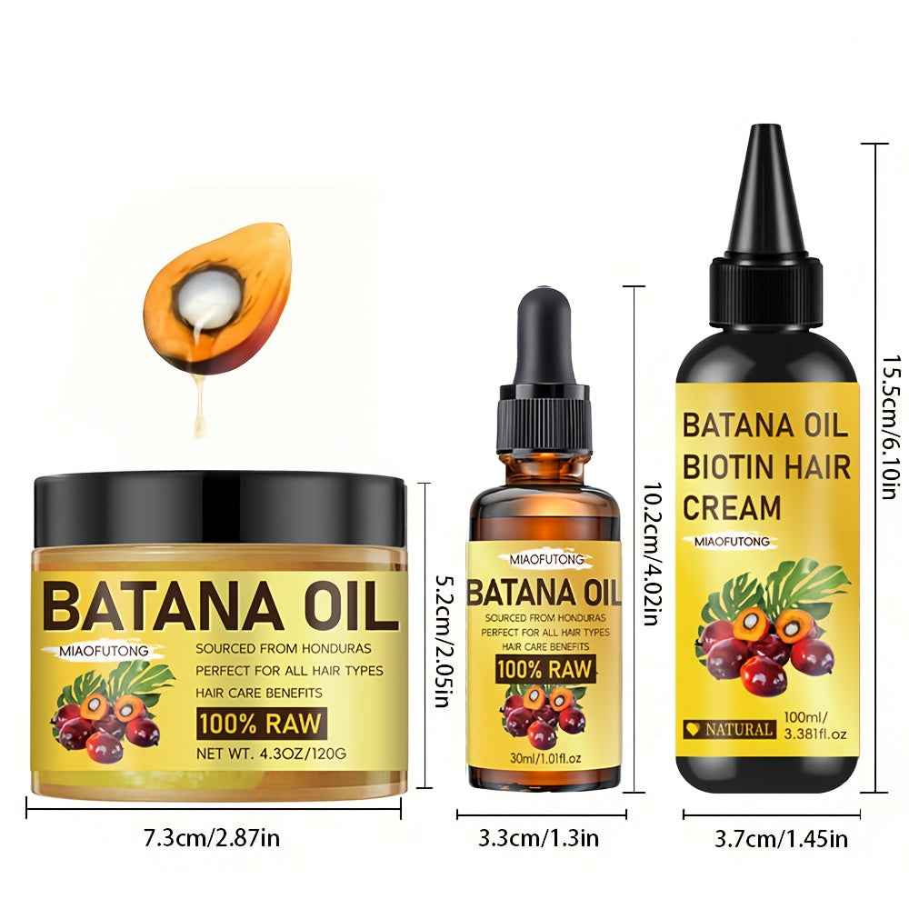 3pcs of Honduran Batana Hair Oil + Batana Essential Oil + Batana Conditioner. Pure cold-pressed extracts with biotin nourish the scalp and hair, strengthen hair, prevent breakage and split ends, and enhance shine. Suitable fo
