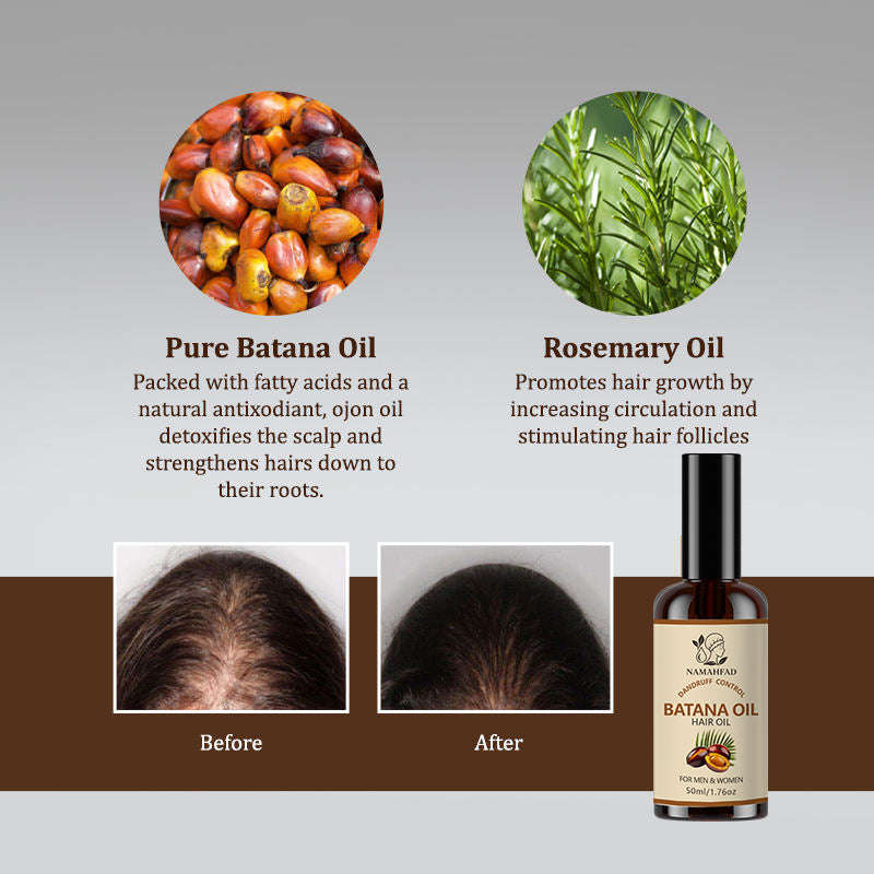 Natural ingredients including Batana nuts and leaves displayed alongside product bottles