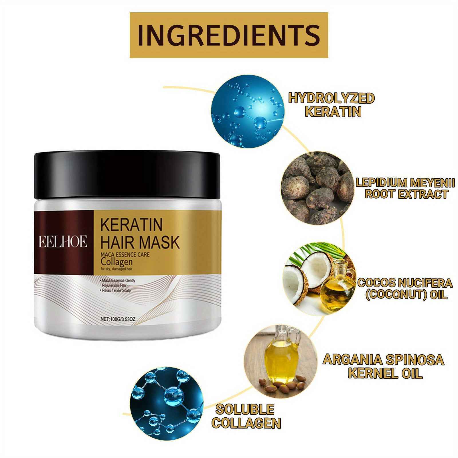 6pcs EELHOE Keratin Hair Mask with Maca Essence & Soluble Collagen - Hydrating Care for Smooth, Strong & Shiny Hair, Infused with Argan Oil, Coconut Oil & Hydrolyzed Keratin, Suitable for Dry & Normal Hair, Knot-Free & Frizz-