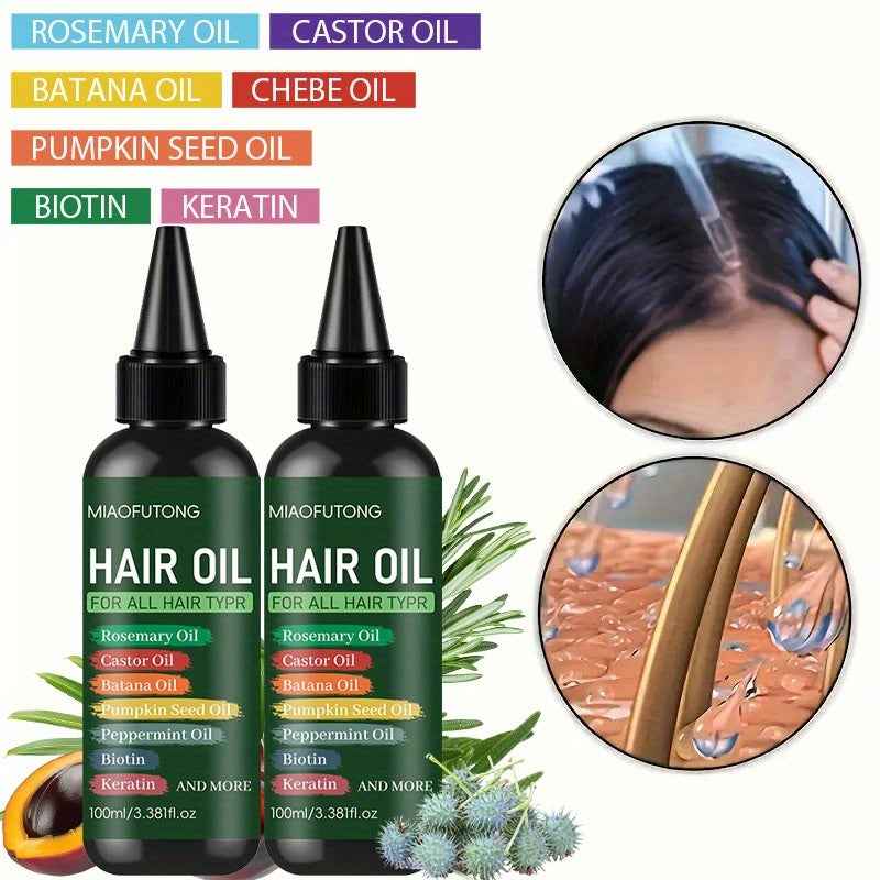 3.38oz 7-in-1 Hair Oil Set - Rich in Rosemary Essential Oil, Castor Oil, Bata Nut Oil, Keratin, Biotin, Pumpkin Seed Oil - Suitable for Deep Moisturizing, Improves Dry and Frizzy Hair, Non-Greasy, Refreshing, Gentle on All Ha