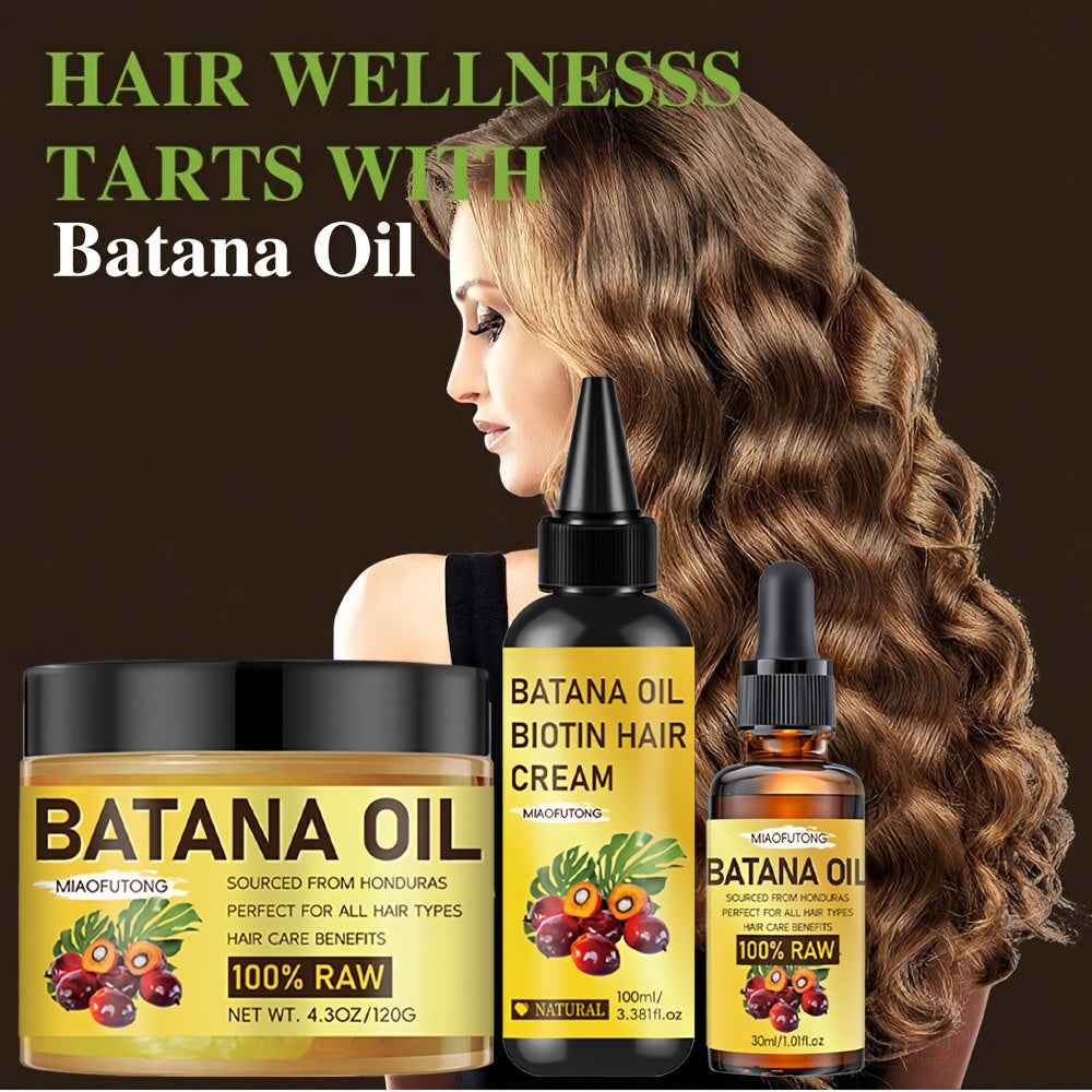 3pcs of Honduran Batana Hair Oil + Batana Essential Oil + Batana Conditioner. Pure cold-pressed extracts with biotin nourish the scalp and hair, strengthen hair, prevent breakage and split ends, and enhance shine. Suitable fo