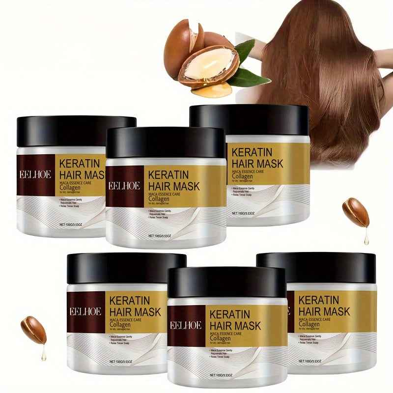 6pcs EELHOE Keratin Hair Mask with Maca Essence & Soluble Collagen - Hydrating Care for Smooth, Strong & Shiny Hair, Infused with Argan Oil, Coconut Oil & Hydrolyzed Keratin, Suitable for Dry & Normal Hair, Knot-Free & Frizz-