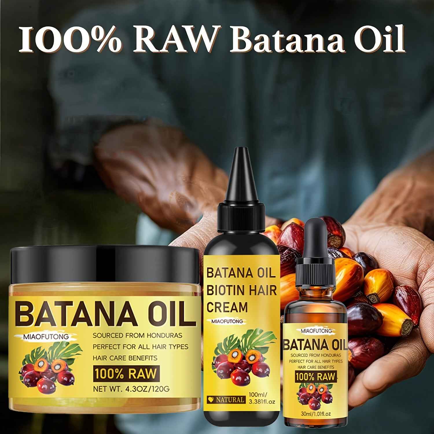 3pcs of Honduran Batana Hair Oil + Batana Essential Oil + Batana Conditioner. Pure cold-pressed extracts with biotin nourish the scalp and hair, strengthen hair, prevent breakage and split ends, and enhance shine. Suitable fo
