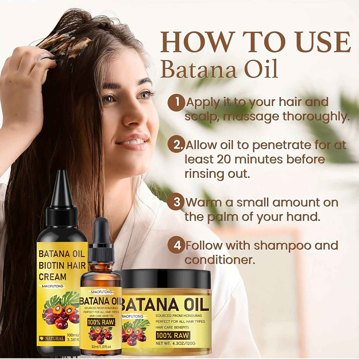 3pcs of Honduran Batana Hair Oil + Batana Essential Oil + Batana Conditioner. Pure cold-pressed extracts with biotin nourish the scalp and hair, strengthen hair, prevent breakage and split ends, and enhance shine. Suitable fo