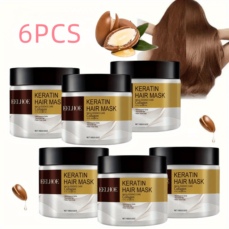 6pcs EELHOE Keratin Hair Mask with Maca Essence & Soluble Collagen - Hydrating Care for Smooth, Strong & Shiny Hair, Infused with Argan Oil, Coconut Oil & Hydrolyzed Keratin, Suitable for Dry & Normal Hair, Knot-Free & Frizz-