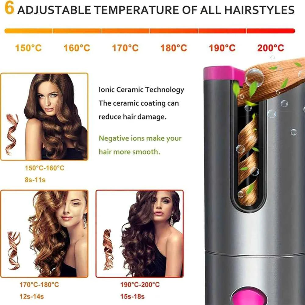 Auto Rotating Cordless Hair Curler Portable Adjustable Temp Time Fast Heat Curling Iron for Travel Home
