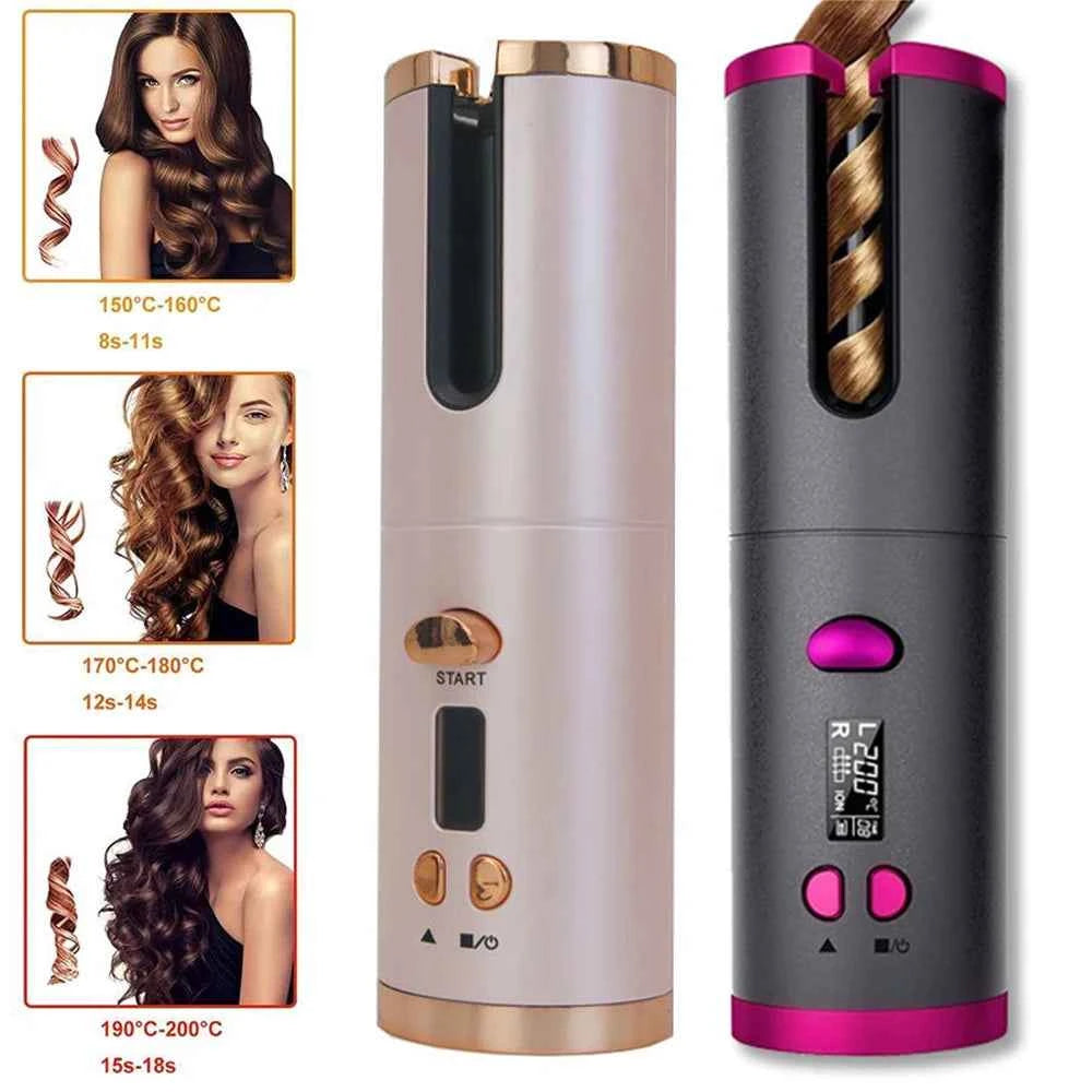 Auto Rotating Cordless Hair Curler Portable Adjustable Temp Time Fast Heat Curling Iron for Travel Home