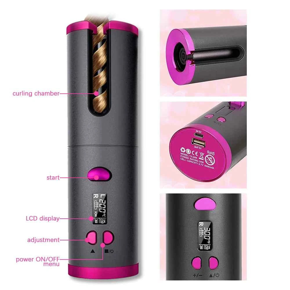 Auto Rotating Cordless Hair Curler Portable Adjustable Temp Time Fast Heat Curling Iron for Travel Home