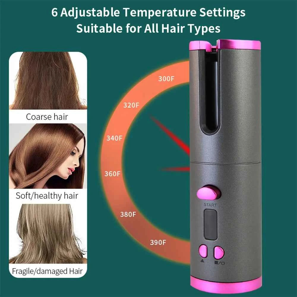 Auto Rotating Cordless Hair Curler Portable Adjustable Temp Time Fast Heat Curling Iron for Travel Home
