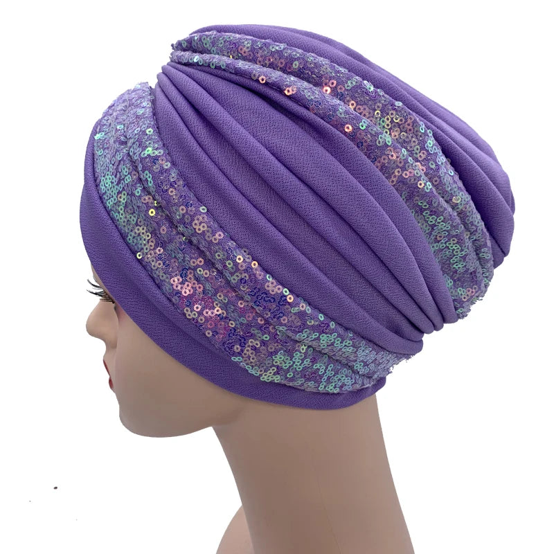 Summer Breathable Sequins Turban Cap Women's Head Wraps Muslim Headscarf Cap India Hat Ready Hijab Bonnet Turbante Mujer - NamafadStore