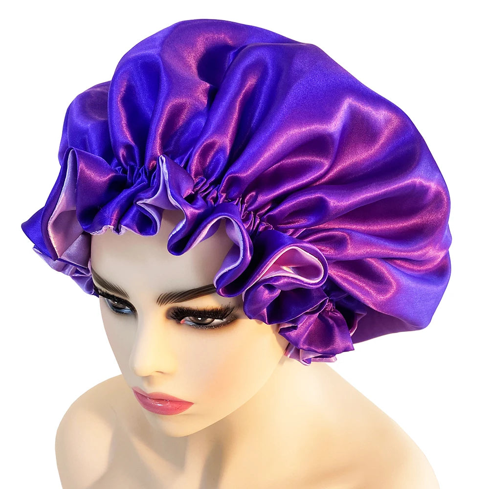 Women Satin Bonnet Fashion Double Layer Silky Big Bonnet for Lady Sleep Cap Head Wrap Hair Styling Accessories