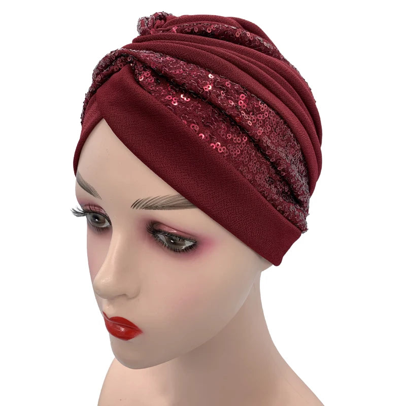 Summer Breathable Sequins Turban Cap Women's Head Wraps Muslim Headscarf Cap India Hat Ready Hijab Bonnet Turbante Mujer - NamafadStore