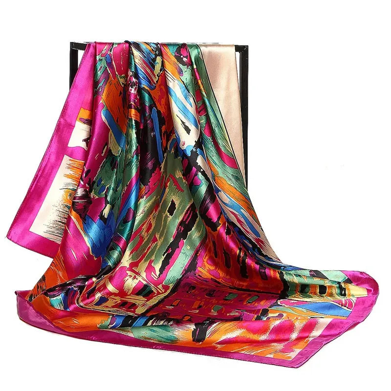 90*90cm Silk Scarf Women Print Hair Neck Square Office Ladies Shawl Bandanna Muslim Hijab Handkerchief Muffler Foulard female - NamafadStore