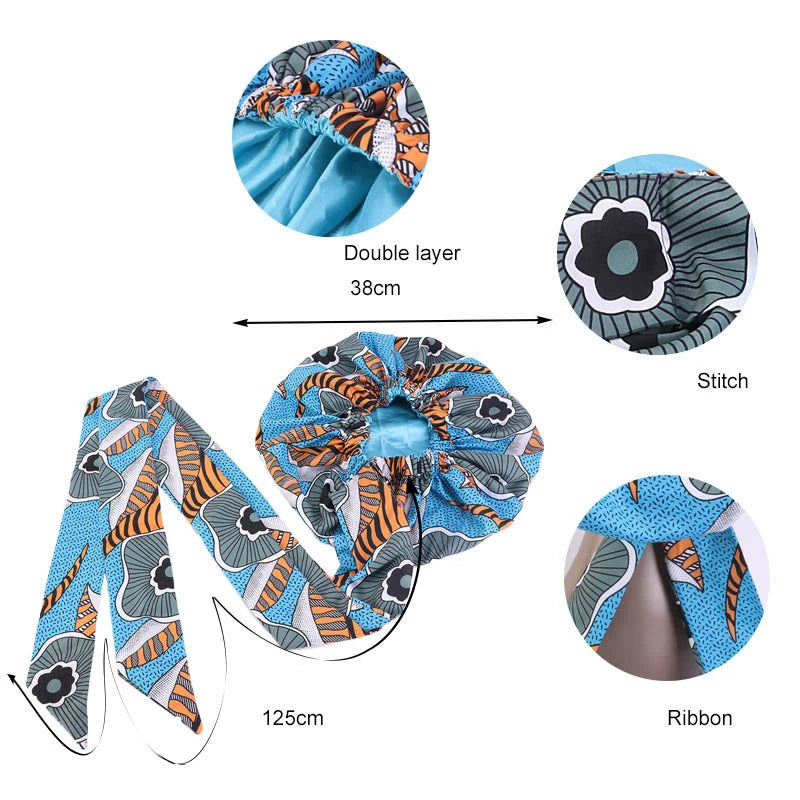 Satin Lining African Pattern Bonnet With Long Ribbon Women's Head Wrap Turban Cap Floral Print Ankara Hair Bonnet Hat - NamafadStore