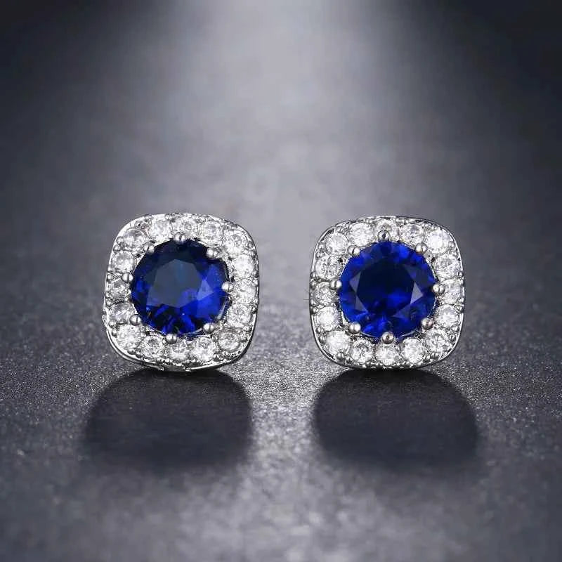 Ekopdee 2021 New Luxury Colourful Blue Zircon Stud Earrings For Women Fashion CZ Geometric Wedding Hoop Earrings Female Jewelry