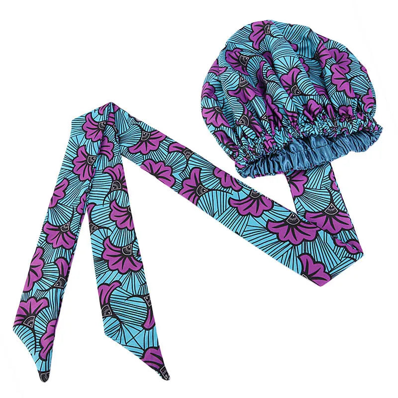 Satin Lining African Pattern Bonnet With Long Ribbon Women's Head Wrap Turban Cap Floral Print Ankara Hair Bonnet Hat - NamafadStore