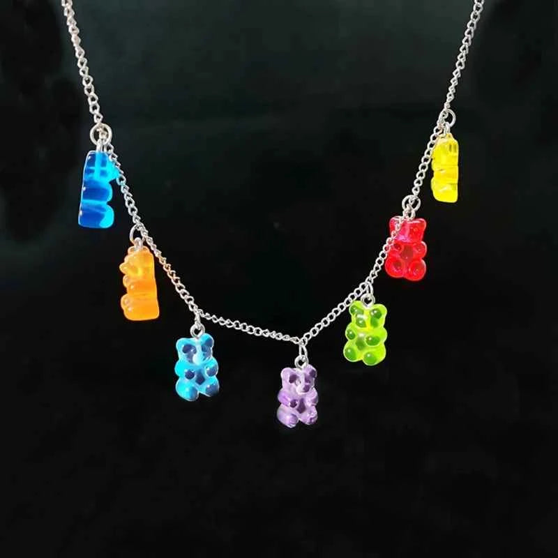 Colorful Resin Gummy Bear Pendant Necklace Cute Transparent Rainbow Candy Color Bear Chain Necklace Lovely Party Jewelry