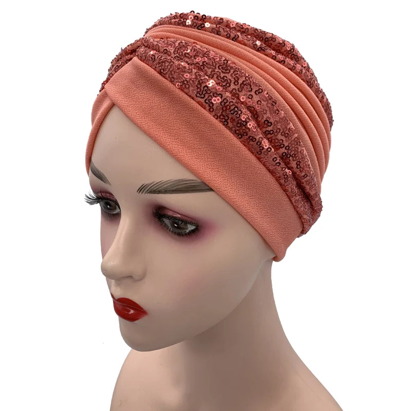 Summer Breathable Sequins Turban Cap Women's Head Wraps Muslim Headscarf Cap India Hat Ready Hijab Bonnet Turbante Mujer - NamafadStore