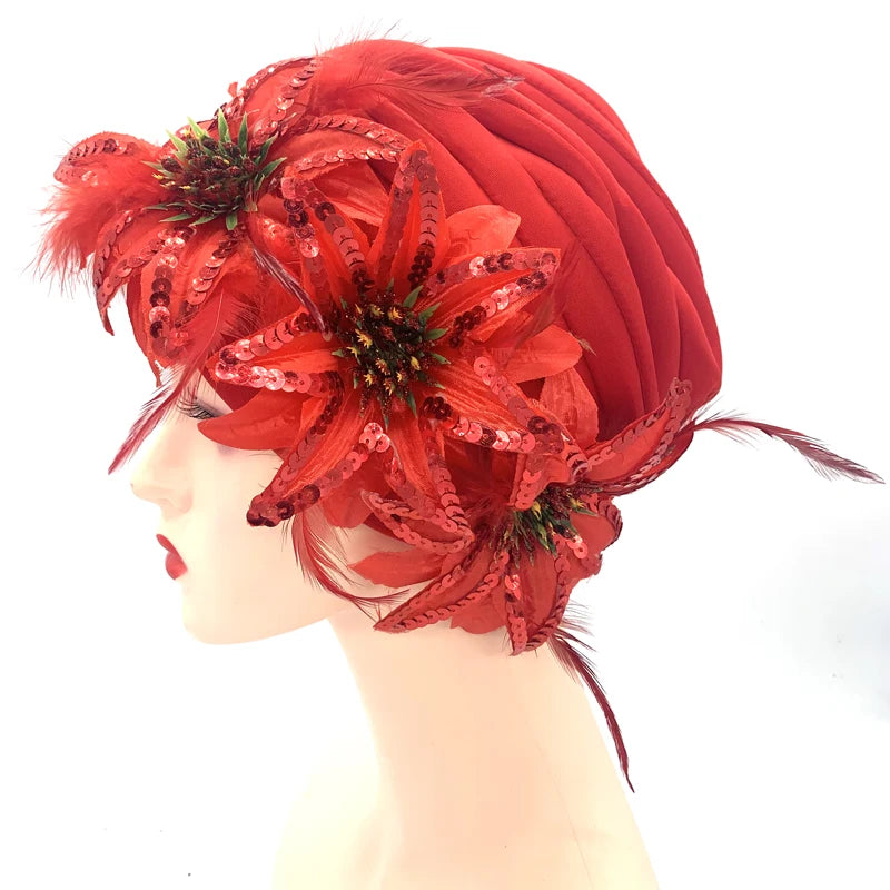 2024 New Feather Sequins Turban Caps for Women Wedding Party Headwear Hat African Headtie Muslim Headscarf Female Head Wraps - NamafadStore