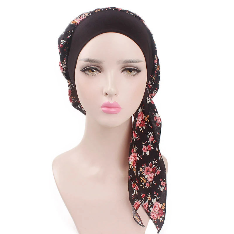 New fashion printed flowers women inner hijabs caps muslim head scarf turban bonnet ready to wear ladies wrap under hijab cap - NamafadStore