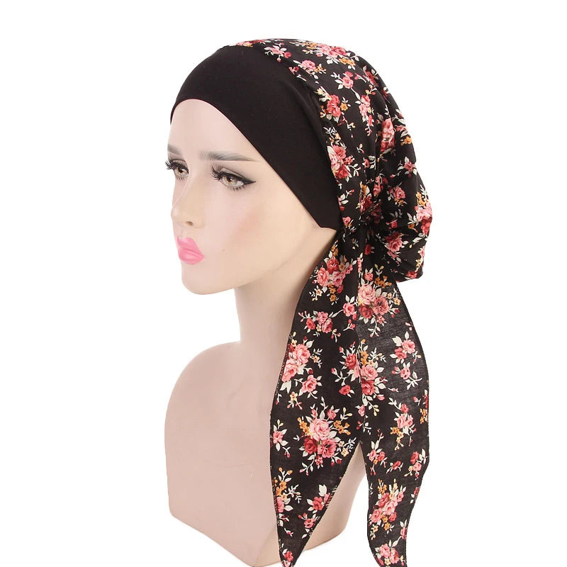 New fashion printed flowers women inner hijabs caps muslim head scarf turban bonnet ready to wear ladies wrap under hijab cap - NamafadStore