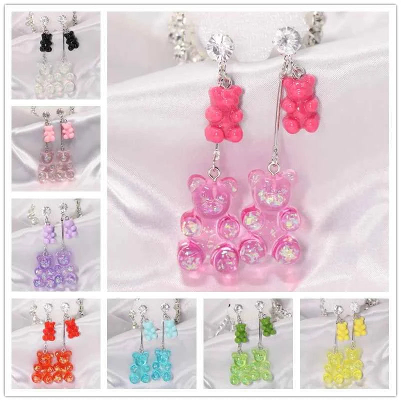 New Fashion Sequins Resin Gummy Big Bear Long Dangle Earrings Women Girl DIY Cartoon Animal Bear Earrings Creative Drop Jewelry