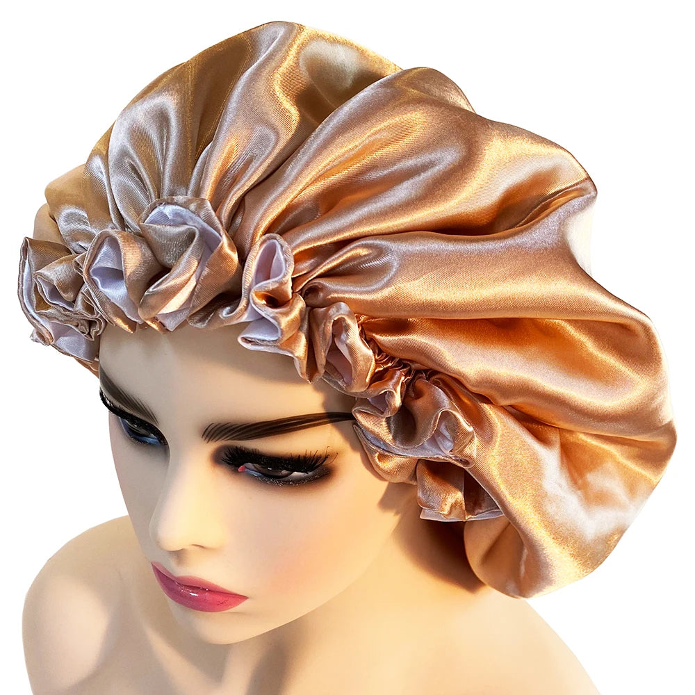 Women Satin Bonnet Fashion Double Layer Silky Big Bonnet for Lady Sleep Cap Head Wrap Hair Styling Accessories
