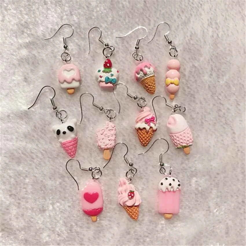 1Pair Drop Earrings Cute Donuts and Cake Cartoon Food pink color Handmade Flatback ResinEarrings Jewelry  For Woman And Girl