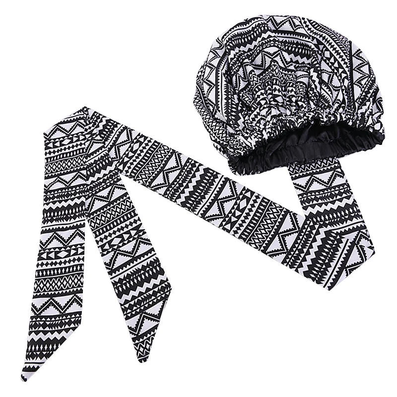 Satin Lining African Pattern Bonnet With Long Ribbon Women's Head Wrap Turban Cap Floral Print Ankara Hair Bonnet Hat - NamafadStore