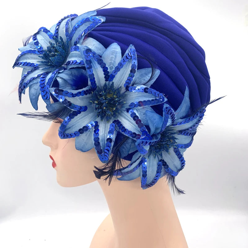 2024 New Feather Sequins Turban Caps for Women Wedding Party Headwear Hat African Headtie Muslim Headscarf Female Head Wraps - NamafadStore