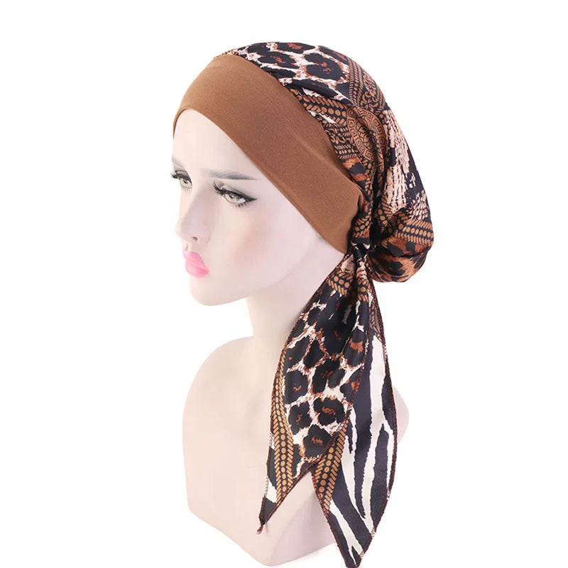 Muslim Women Headwear Turbans Silky Head Scarf With Wide Band Printed Sleeping Hat Hijab Bonnet Hair Cover Ready To Wear - NamafadStore