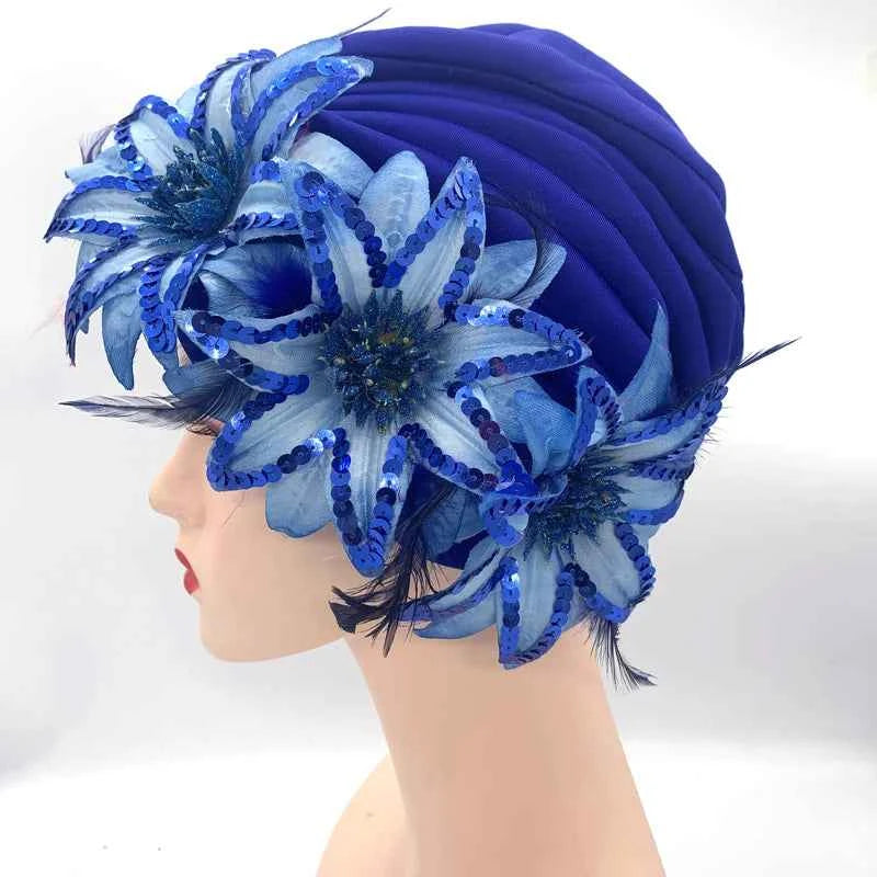 2024 New Feather Sequins Turban Caps for Women Wedding Party Headwear Hat African Headtie Muslim Headscarf Female Head Wraps