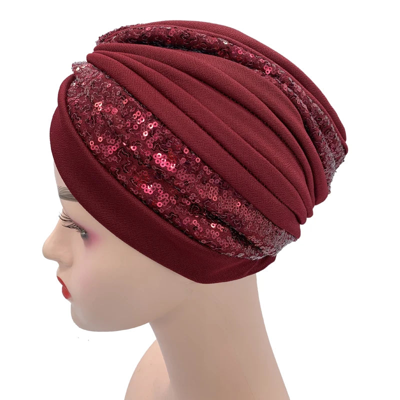 Summer Breathable Sequins Turban Cap Women's Head Wraps Muslim Headscarf Cap India Hat Ready Hijab Bonnet Turbante Mujer - NamafadStore