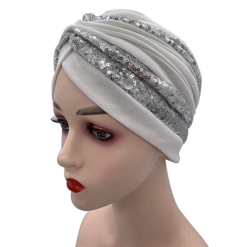 Summer Breathable Sequins Turban Cap Women's Head Wraps Muslim Headscarf Cap India Hat Ready Hijab Bonnet Turbante Mujer - NamafadStore