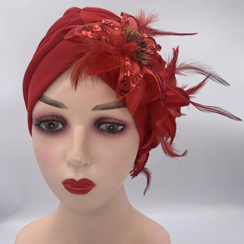 2024 New Feather Sequins Turban Caps for Women Wedding Party Headwear Hat African Headtie Muslim Headscarf Female Head Wraps - NamafadStore