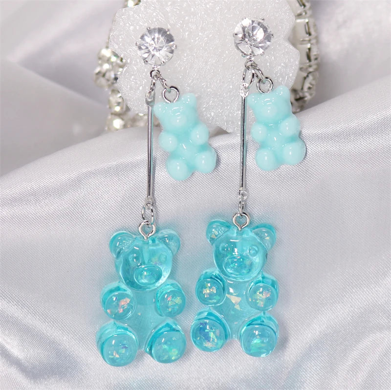 New Fashion Sequins Resin Gummy Big Bear Long Dangle Earrings Women Girl DIY Cartoon Animal Bear Earrings Creative Drop Jewelry