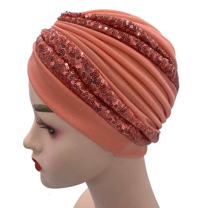 Summer Breathable Sequins Turban Cap Women's Head Wraps Muslim Headscarf Cap India Hat Ready Hijab Bonnet Turbante Mujer - NamafadStore
