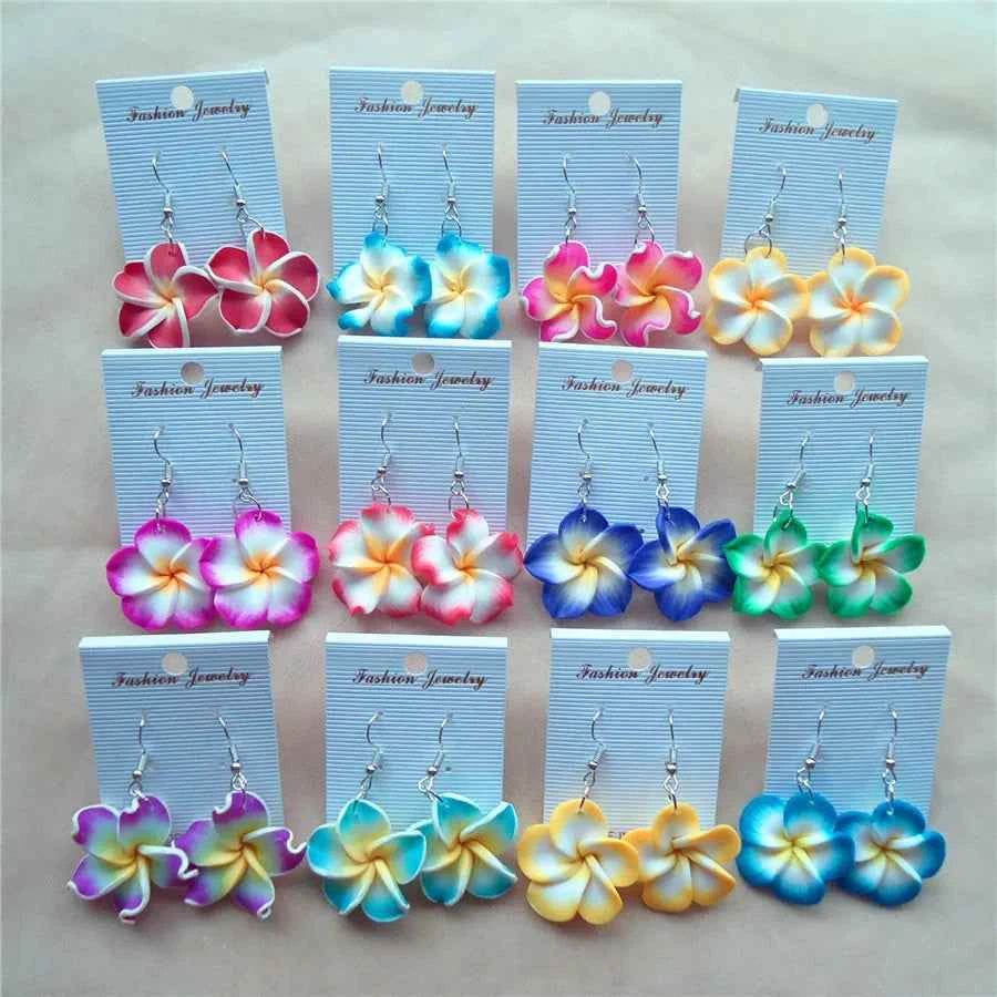 6pairs/lot 3cm Polymer Clay Plumeria Flowers Hawaiian Earrings Mixed Frangipani Earrings For Women Hawaii Jewelry Accessories
