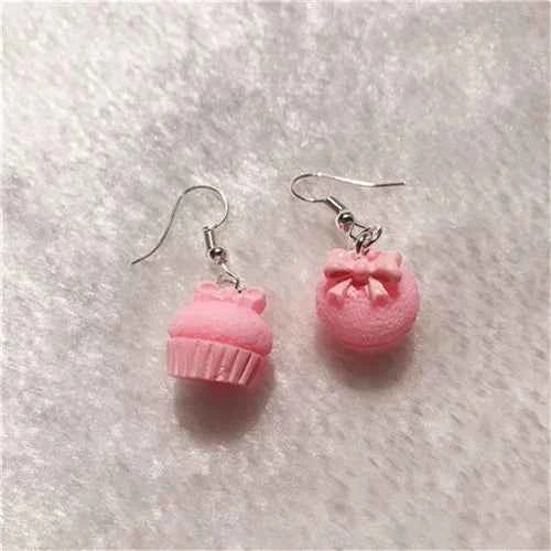 1Pair Drop Earrings Cute Donuts and Cake Cartoon Food pink color Handmade Flatback ResinEarrings Jewelry  For Woman And Girl