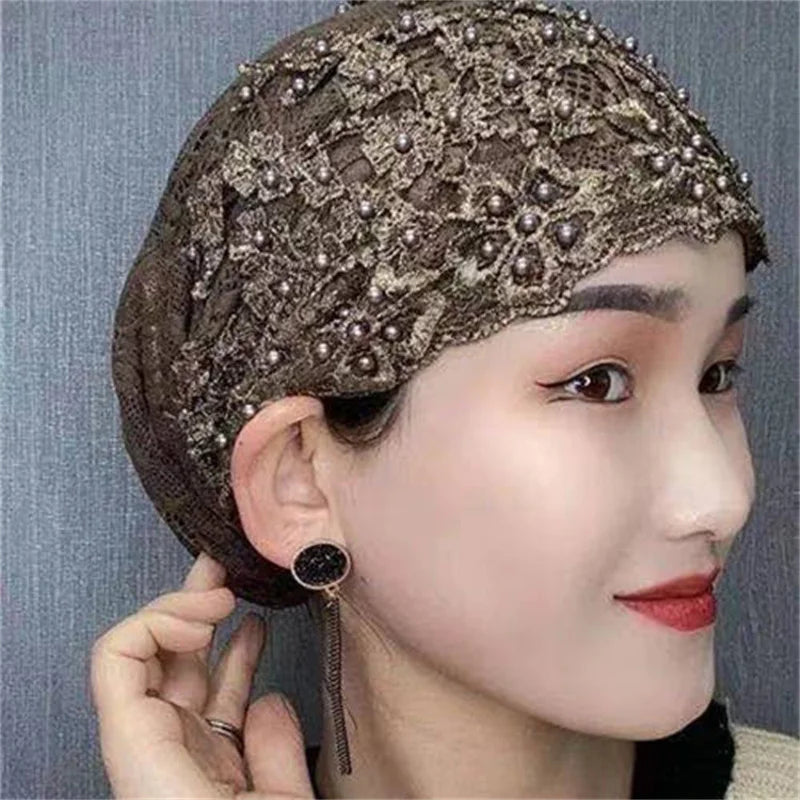 Breathable Lace Beading Turban Hat Summer Female Head Wraps Caps Muslim Women Headscarf Bonnet Ready to Wear Inner Hijabs - NamafadStore