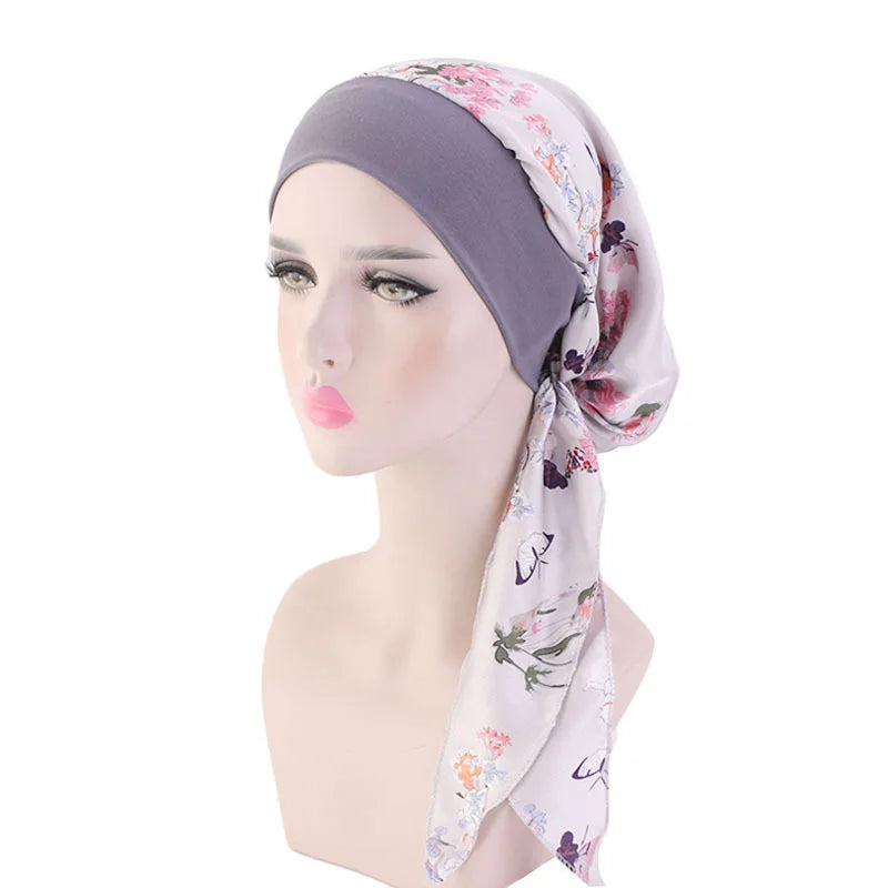 Muslim Women Headwear Turbans Silky Head Scarf With Wide Band Printed Sleeping Hat Hijab Bonnet Hair Cover Ready To Wear - NamafadStore