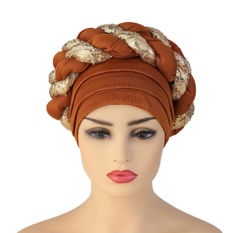 Women Braid Turbans Latest African Headtie Ladies Sequin Head Wraps African Aso Oke Winter Headtie Negerian Wedding Gele Caps - NamafadStore