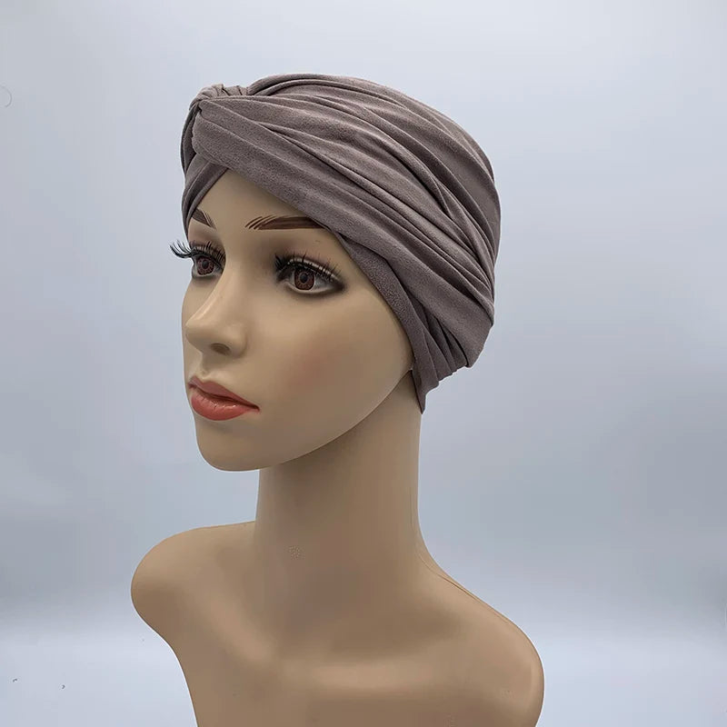 Fashion Women Cross Twist Suede Turban Caps Soild Color Female Headscarf Bonnet Muslim Hijab Cap Islamic Under Scarf India Hat - NamafadStore