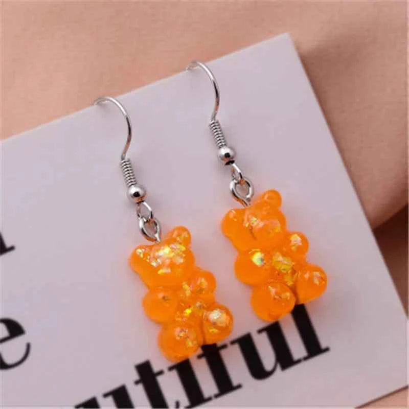 Sequins Resin Gummy Candy Colour Bear Dangle Earrings For Women Girl DIY Cartoon Animal Bear Earrings Creative Drop Jewelry Gift