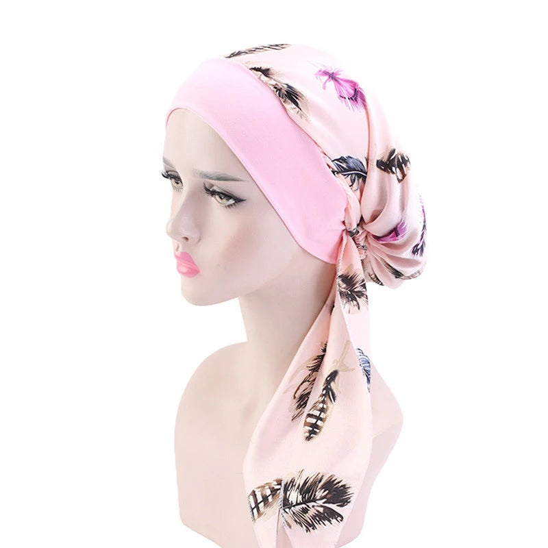 Muslim Women Headwear Turbans Silky Head Scarf With Wide Band Printed Sleeping Hat Hijab Bonnet Hair Cover Ready To Wear - NamafadStore