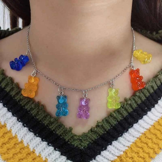 Colorful Resin Gummy Bear Pendant Necklace Cute Transparent Rainbow Candy Color Bear Chain Necklace Lovely Party Jewelry