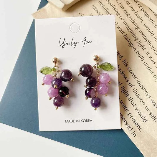 Korean Purple Grape Earrings Retro Fresh Summer No Pierced Clip on Earrings for Woman Sweet Temperament Female Gift Jewelry
