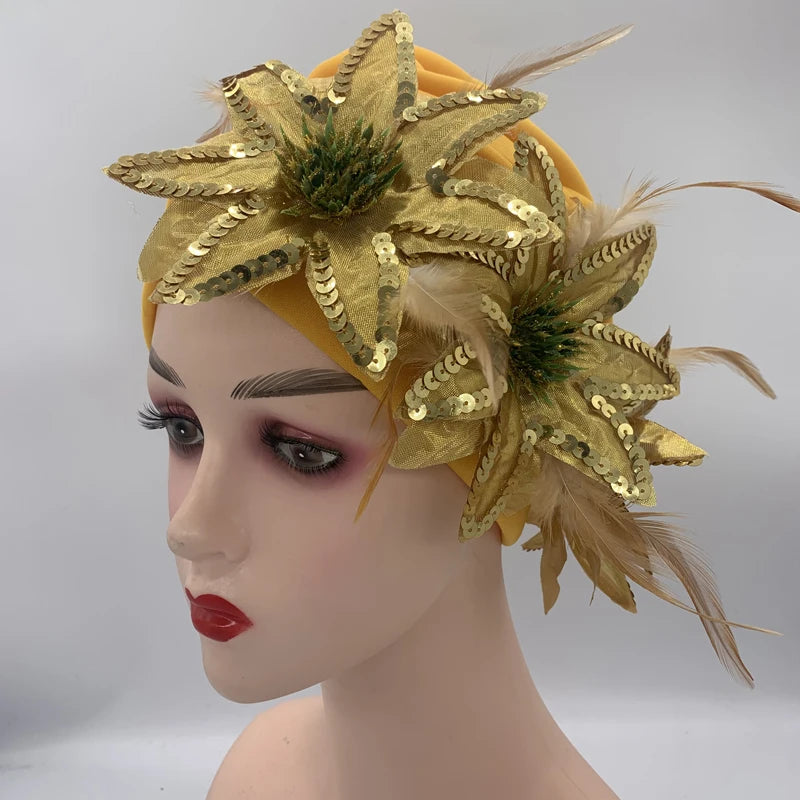 2024 New Feather Sequins Turban Caps for Women Wedding Party Headwear Hat African Headtie Muslim Headscarf Female Head Wraps - NamafadStore