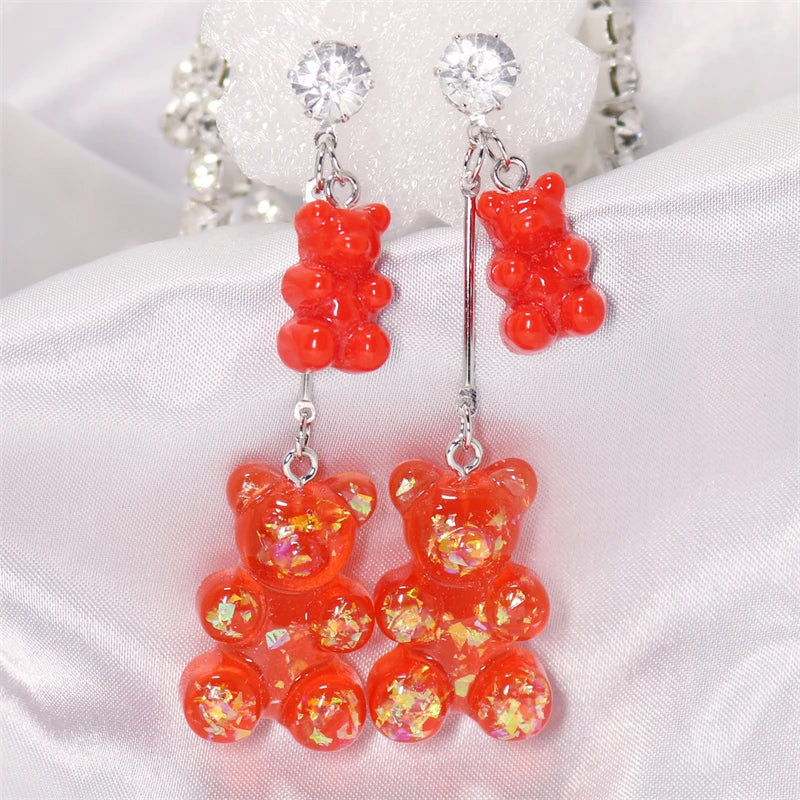 New Fashion Sequins Resin Gummy Big Bear Long Dangle Earrings Women Girl DIY Cartoon Animal Bear Earrings Creative Drop Jewelry